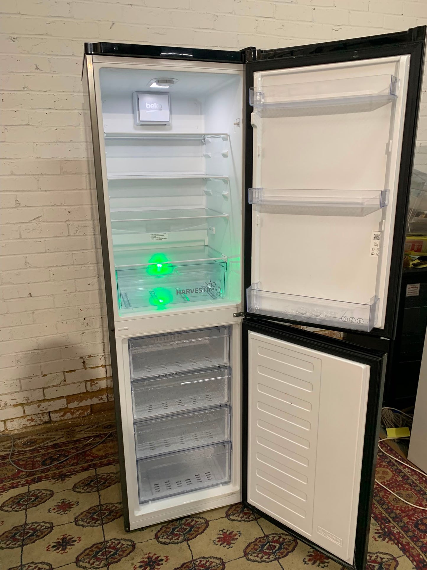 Tall Beko Matt Black Fridge Freezer With Three Different Colours Lights For Sale