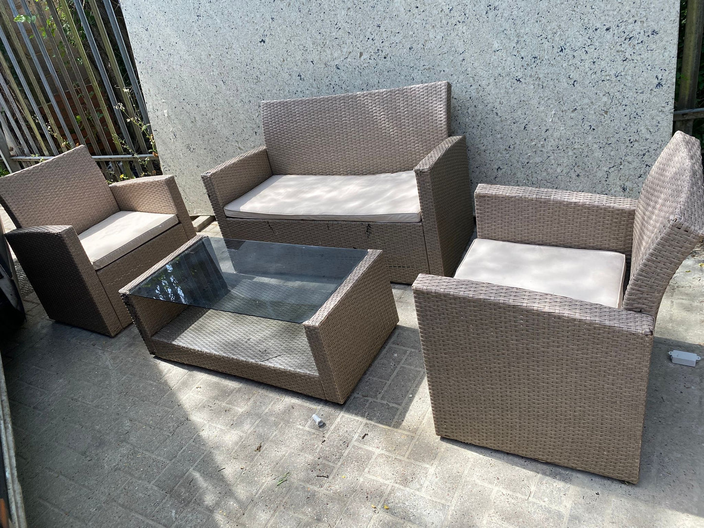 Rattan 2+1+1 Seater Chairs With Matching Glass Table For Sale
