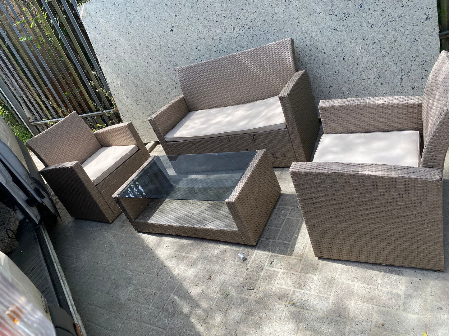 Rattan 2+1+1 Seater Chairs With Matching Glass Table For Sale