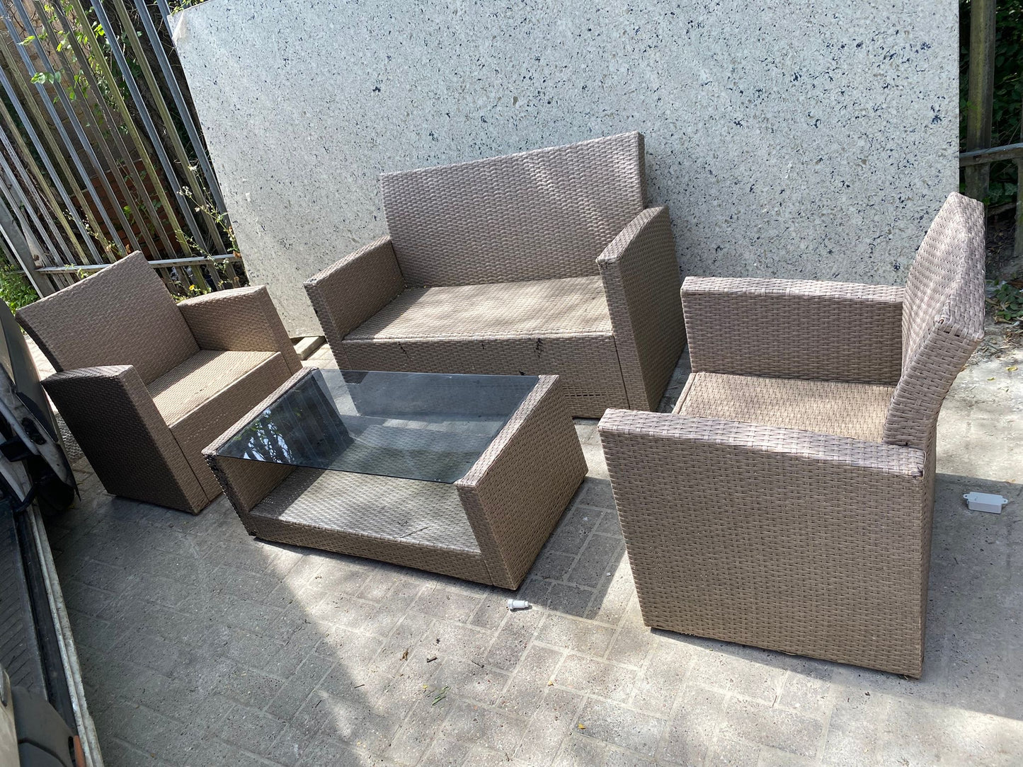 Rattan 2+1+1 Seater Chairs With Matching Glass Table For Sale