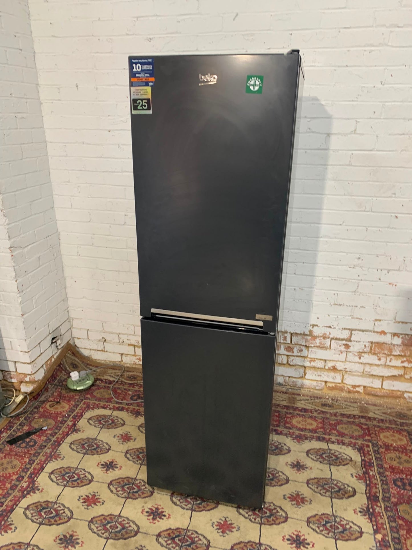 Tall Beko Matt Black Fridge Freezer With Three Different Colours Lights For Sale