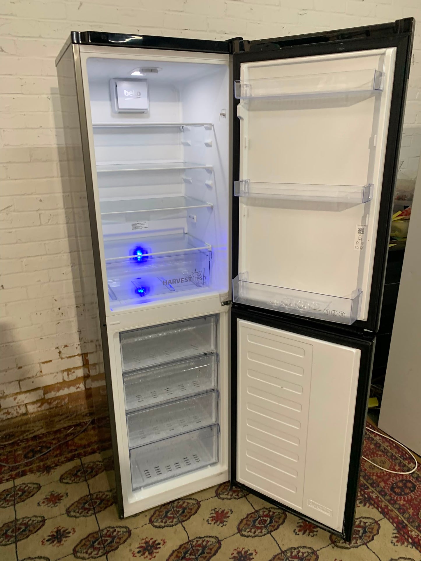 Tall Beko Matt Black Fridge Freezer With Three Different Colours Lights For Sale