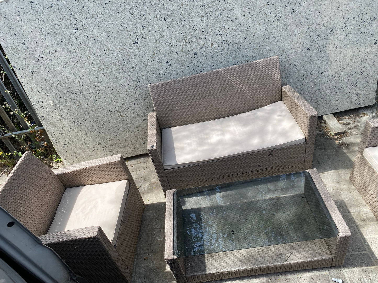 Rattan 2+1+1 Seater Chairs With Matching Glass Table For Sale