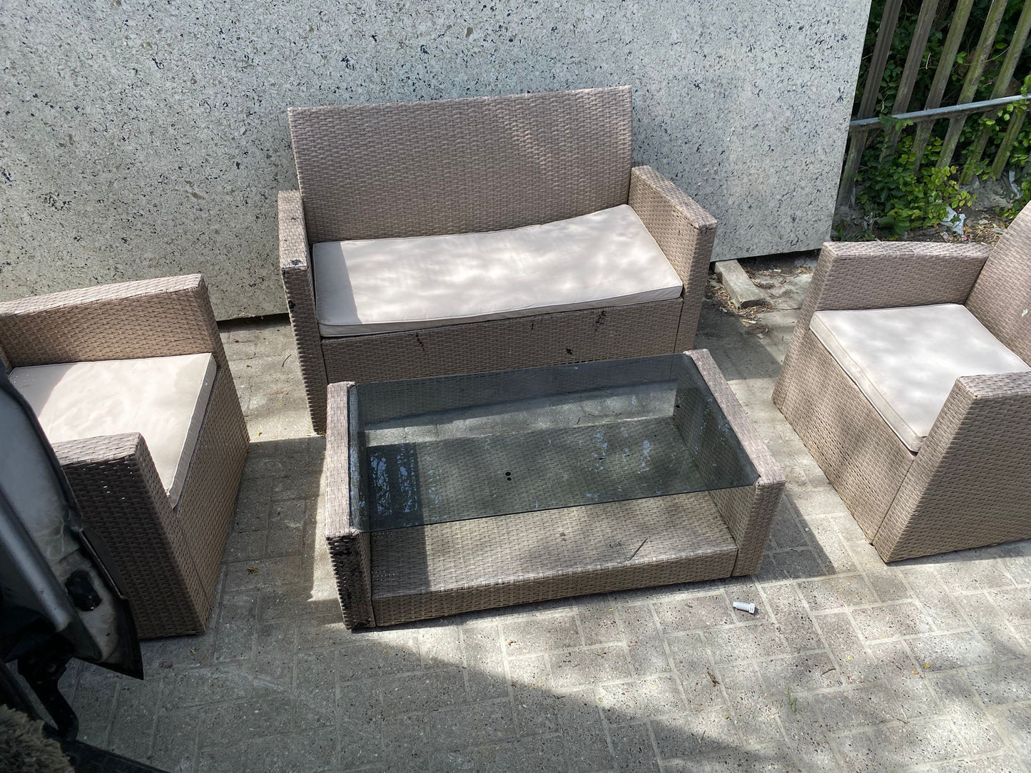 Rattan 2+1+1 Seater Chairs With Matching Glass Table For Sale