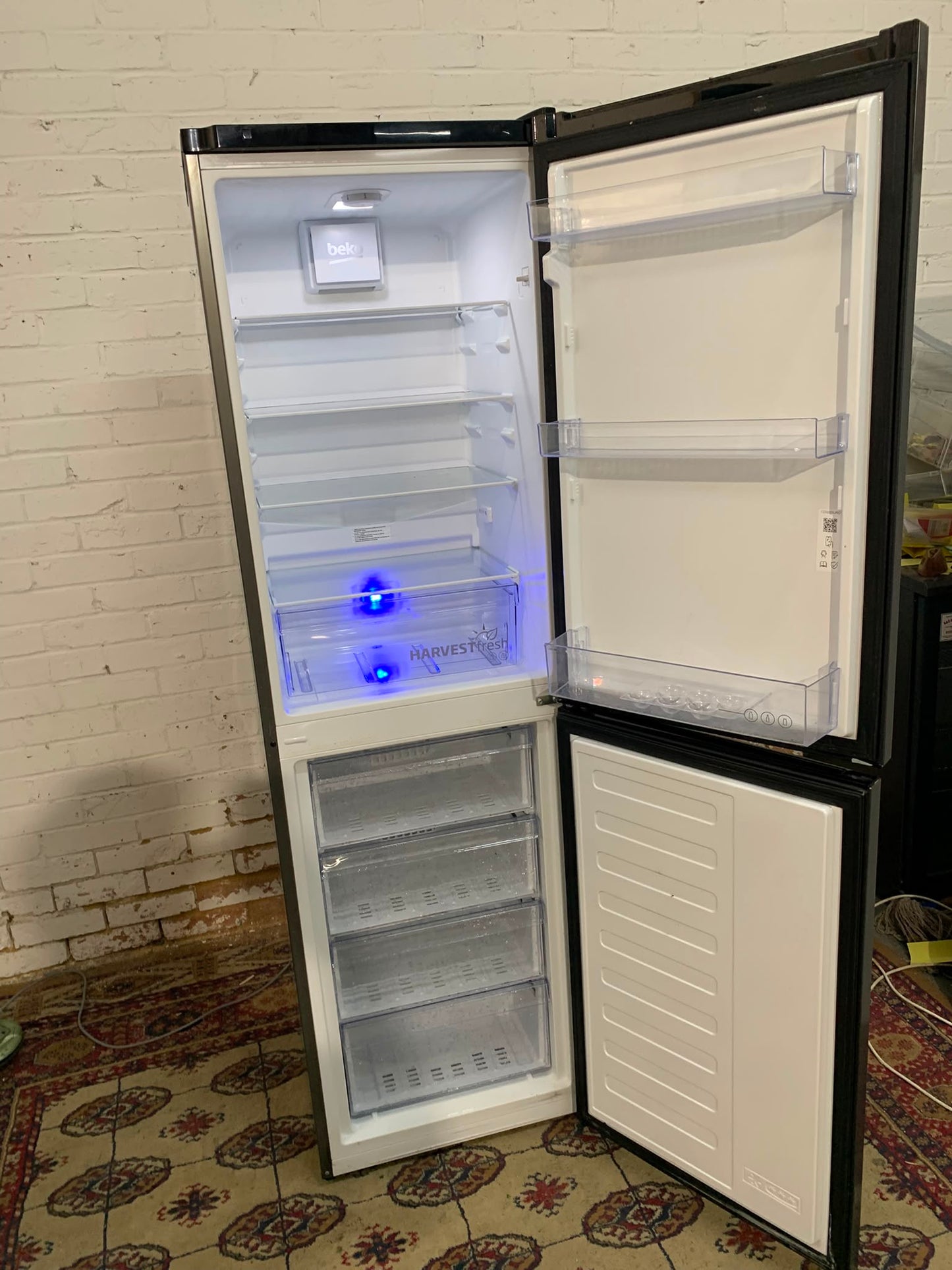 Tall Beko Matt Black Fridge Freezer With Three Different Colours Lights For Sale