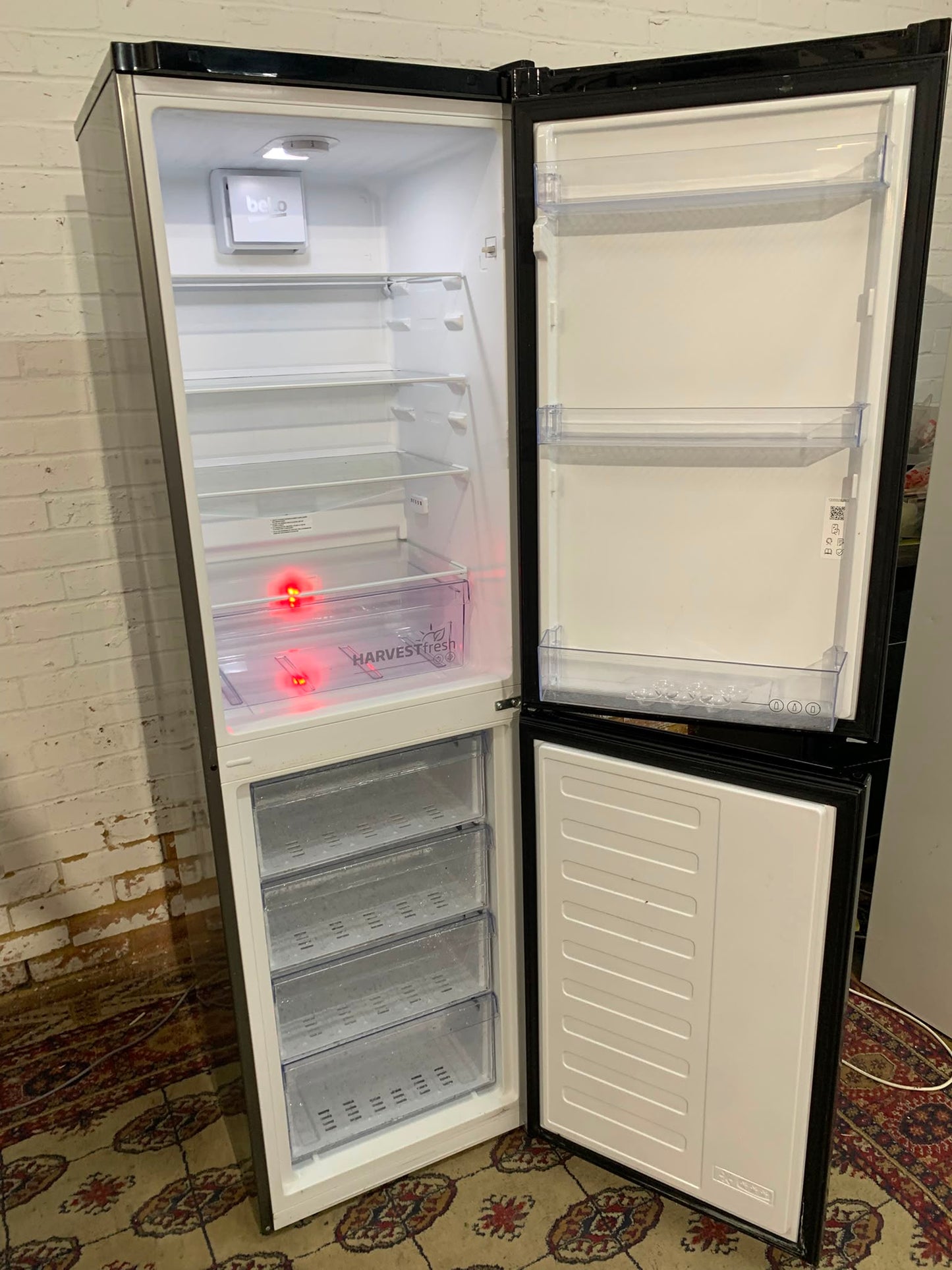 Tall Beko Matt Black Fridge Freezer With Three Different Colours Lights For Sale