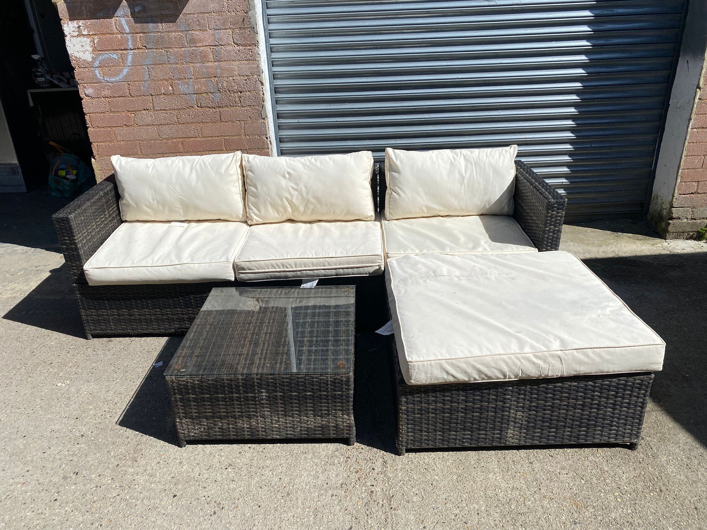 ✅🚐🚐Corner Rattan Sofa With White Cushions With Glass Table For Sale