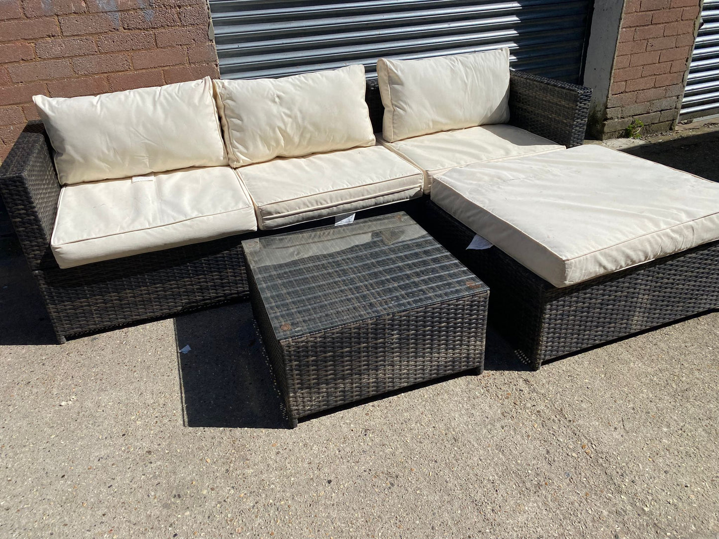 ✅🚐🚐Corner Rattan Sofa With White Cushions With Glass Table For Sale