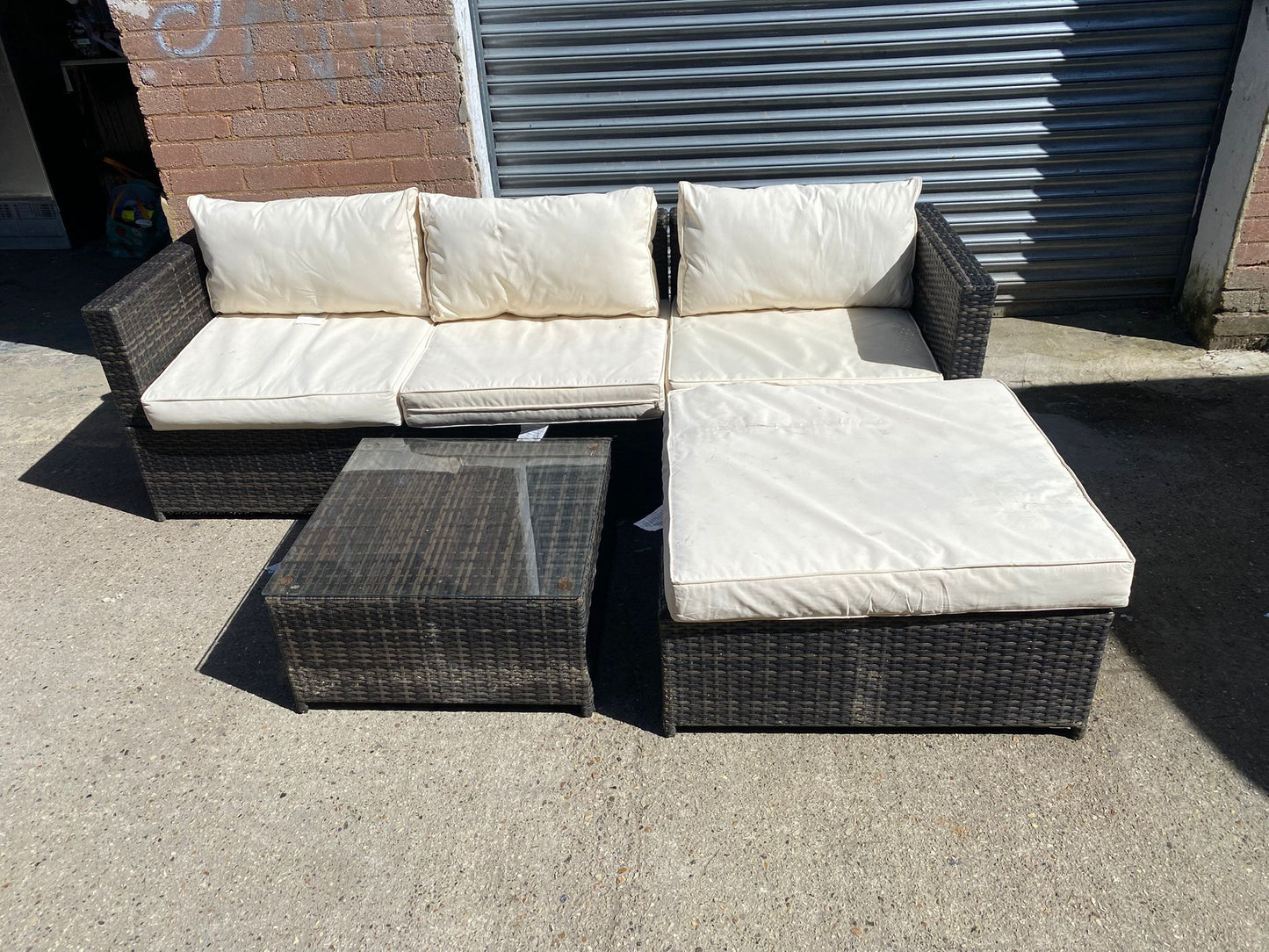 ✅🚐🚐Corner Rattan Sofa With White Cushions With Glass Table For Sale